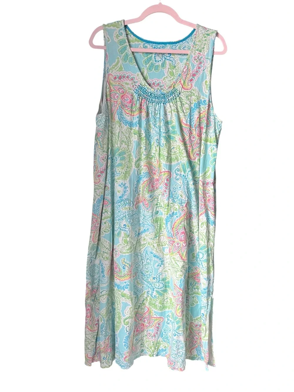 Chaps Paisley Sleeveless Nightgown XXL Cotton Rayon Blue Pink Lounge Sleep